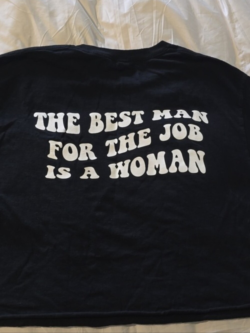 Graphic Black Crop Tee “The Best Man for the Job is a Woman” Large Motorcycle